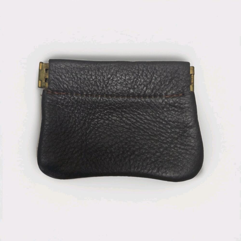 Vintage Black Leather Squeeze Coin Purse Change Pouch Key Holder Spring Frame